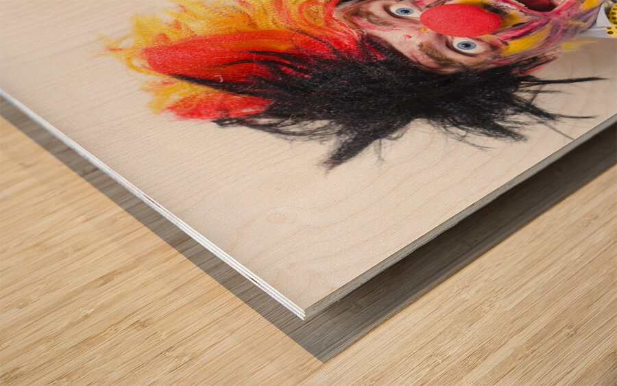 Surprise Happy Birthday Clown Holding Party Cake Wood print