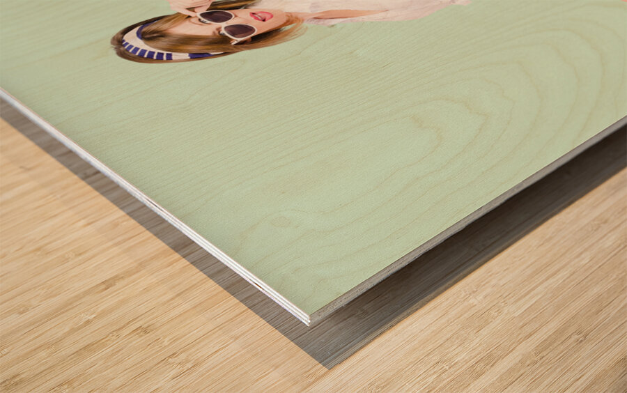 Sexy brunette pin up girl in pink retro fashion Wood print