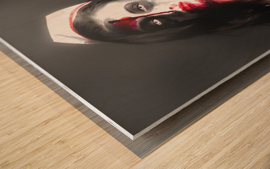 Scary zombie nurse with facial wounds Wood print