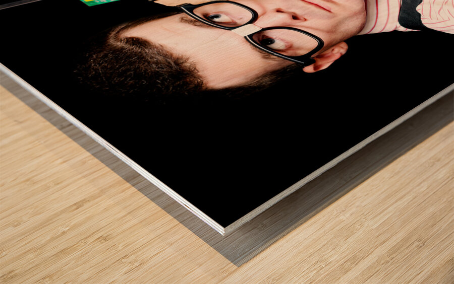 Male Nerd Inventor Holding Brick Mobile Telephone Wood print