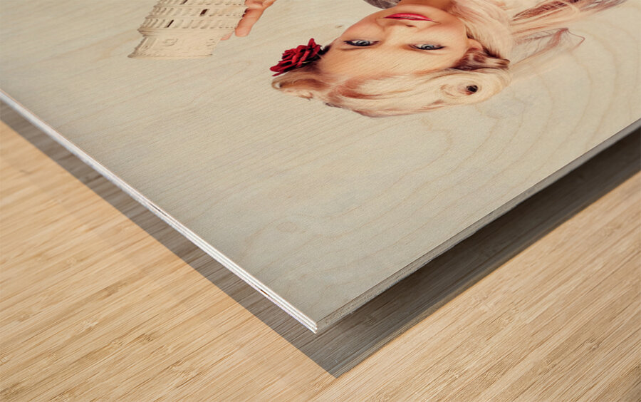 Elegant European Woman Holding Holiday Landmark Wood print