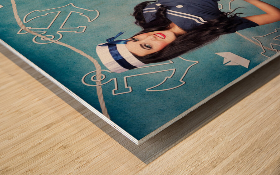 Beautiful navy pinup girls on marine background Wood print