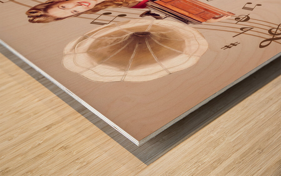 Pin-up at the disco. Vintage woman with gramophone Wood print