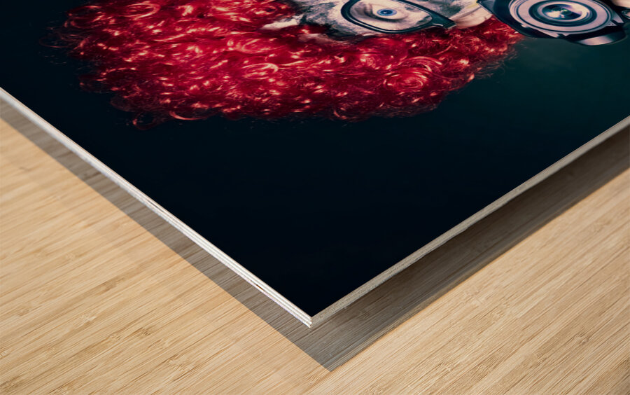 Excited Clown With Camera At Kids Birthday Party Wood print