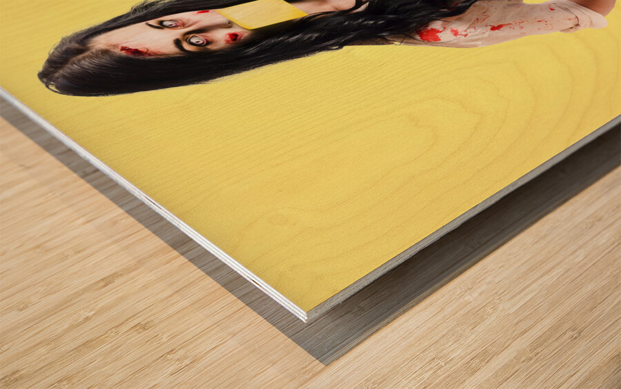 Deceased business woman with memo message on face Wood print