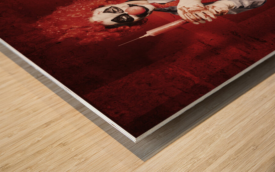 Dr Death clown with big red hypodermic needle Wood print