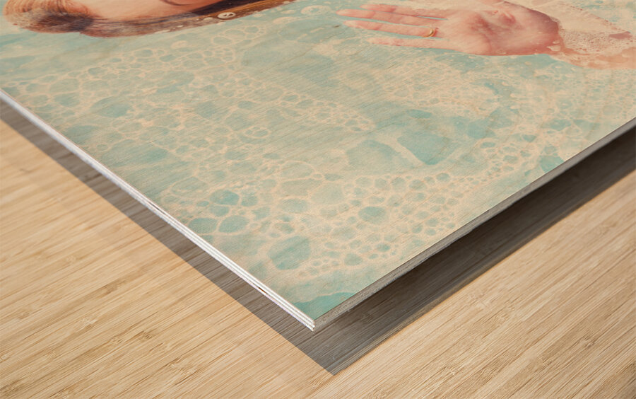 Funny pin up cleaning woman washing bathroom glass Wood print