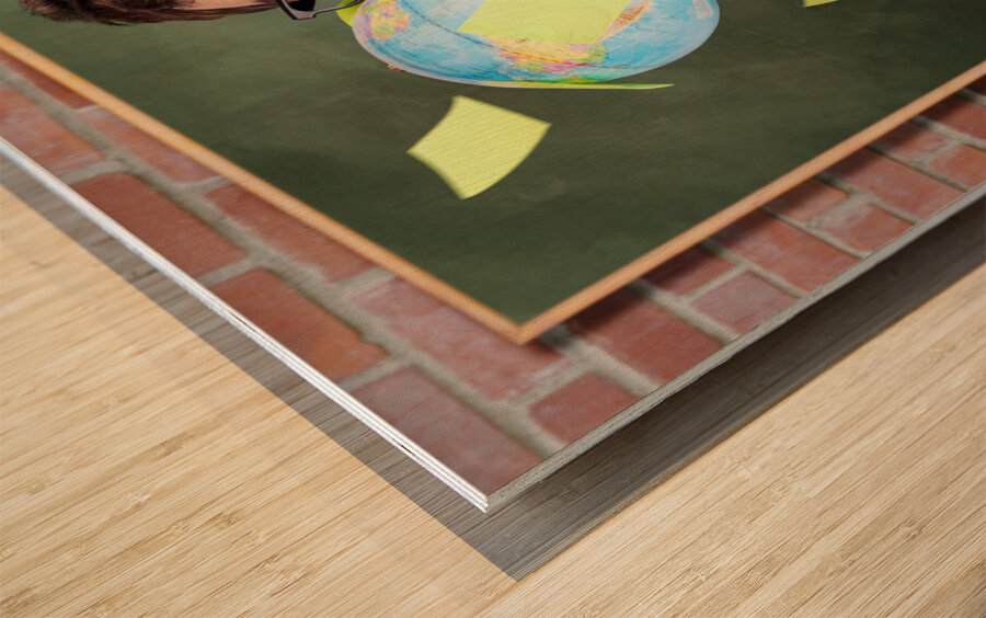 Nerd man holding earth world globe in classroom Wood print