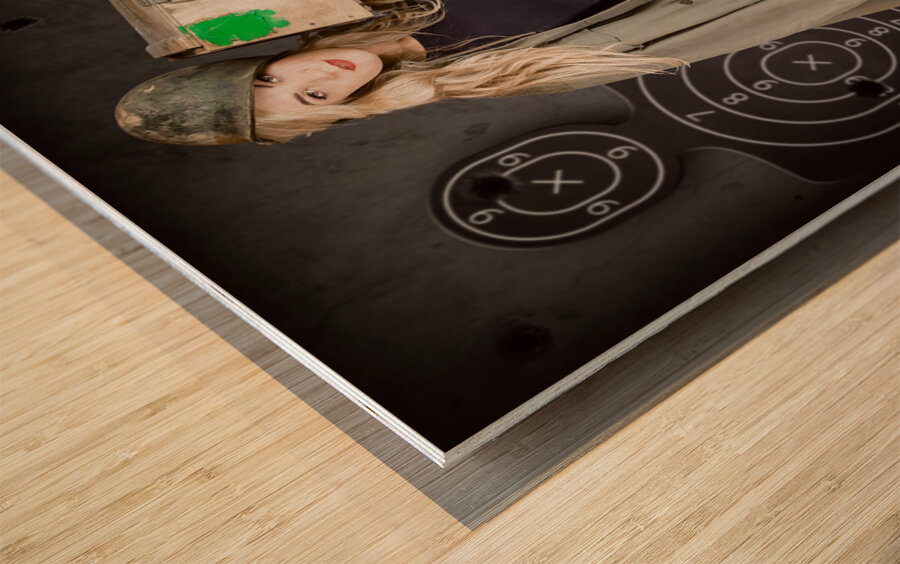 Army pinup girl at rifle range. Bullet proof Wood print