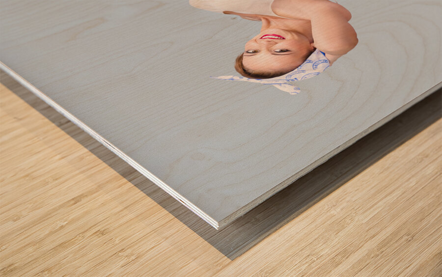 Retro housewife doing television aerobic exercise Wood print