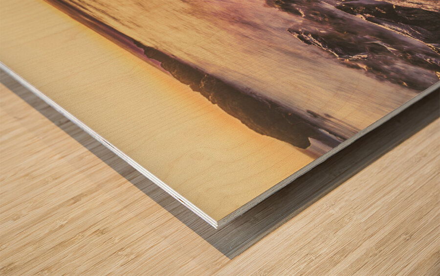 Sunset rock pools Wood print