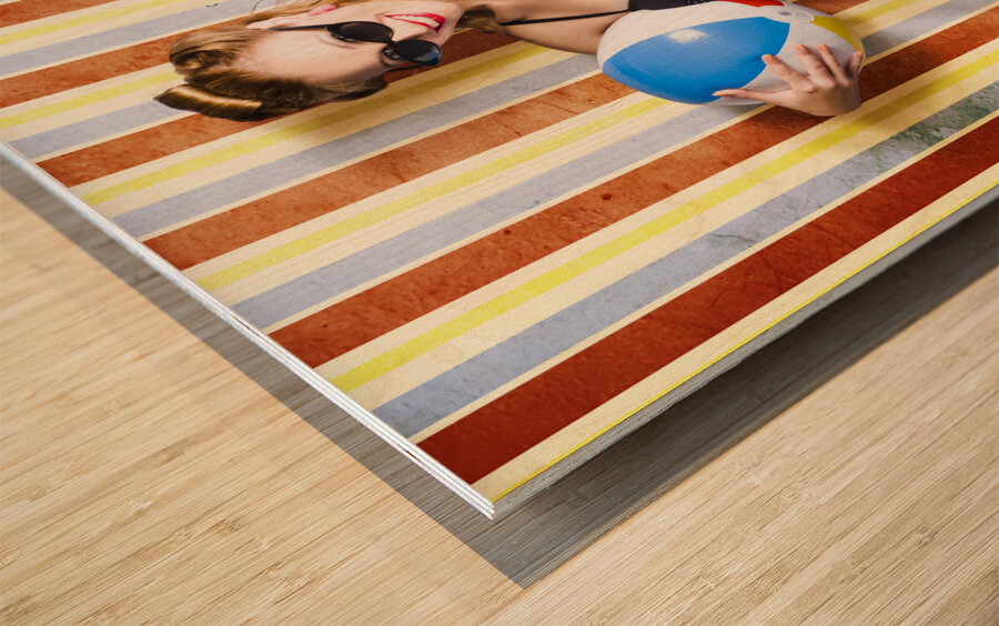 Vintage Beach Babe On Retro Background Wood print