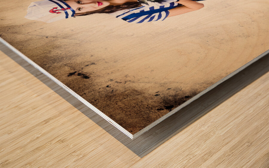 Pin up girl with curly hair and stylish make-up Wood print