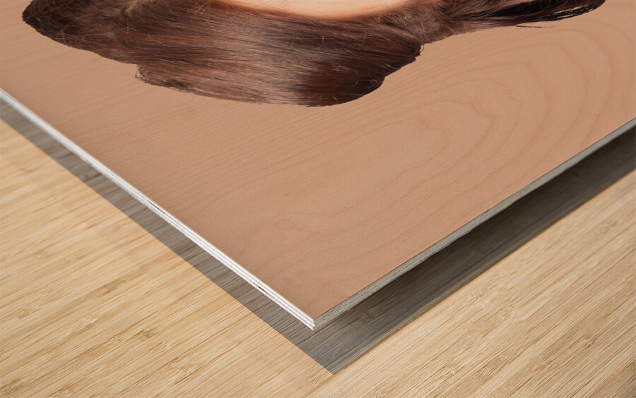 Pinup vintage woman chatting on shoe phone Wood print