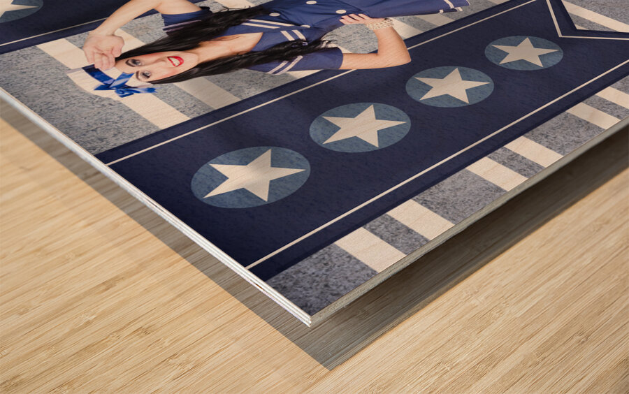Young US marine corps pin-up girl. Sailor style Wood print