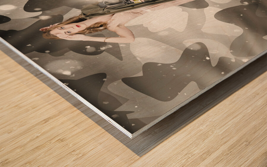 Sexy army girl saluting on snow camo background Wood print