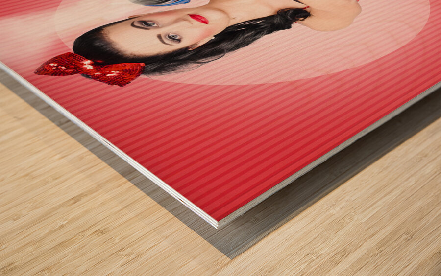 Young beautiful girl with hairdryer. Hair care Wood print