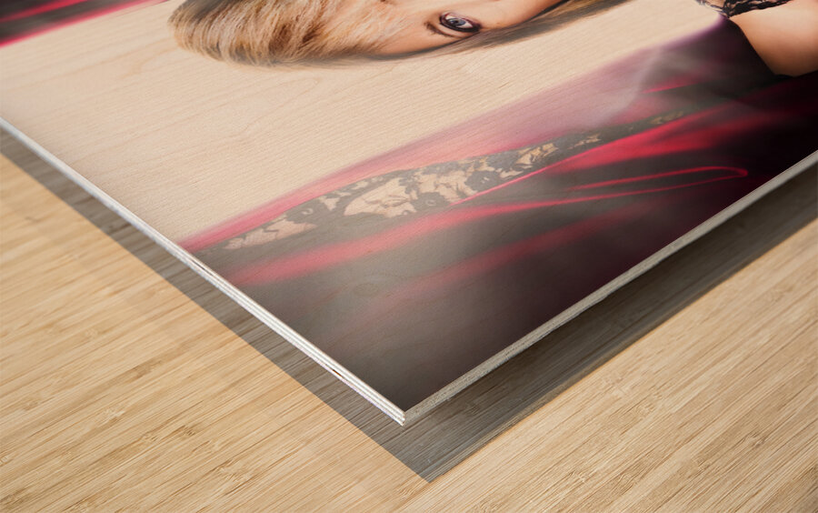 Female performer behind the stage curtain light Wood print