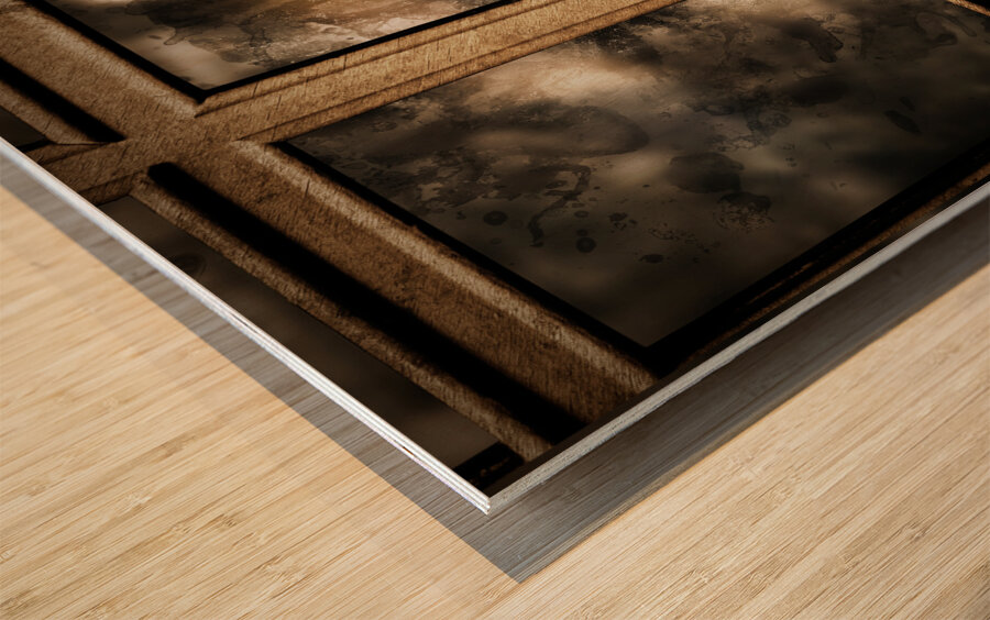 Scary murderer standing by the window with handgun Wood print