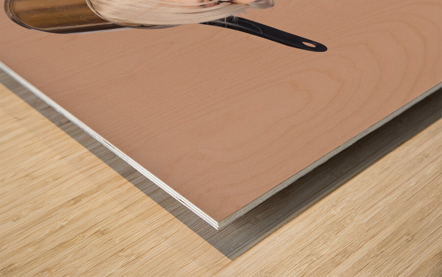 Funny pin up housewife saluting for cooking duties Wood print