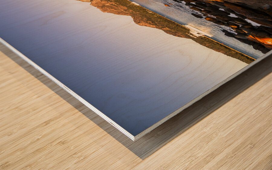 Golden rocky beachfront Wood print