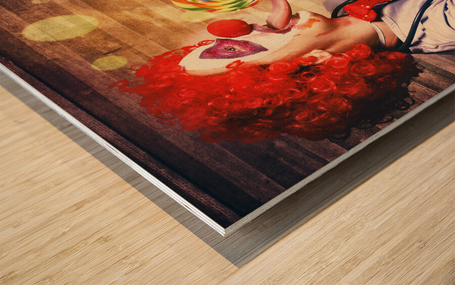 Scary circus clown at horror birthday party Wood print