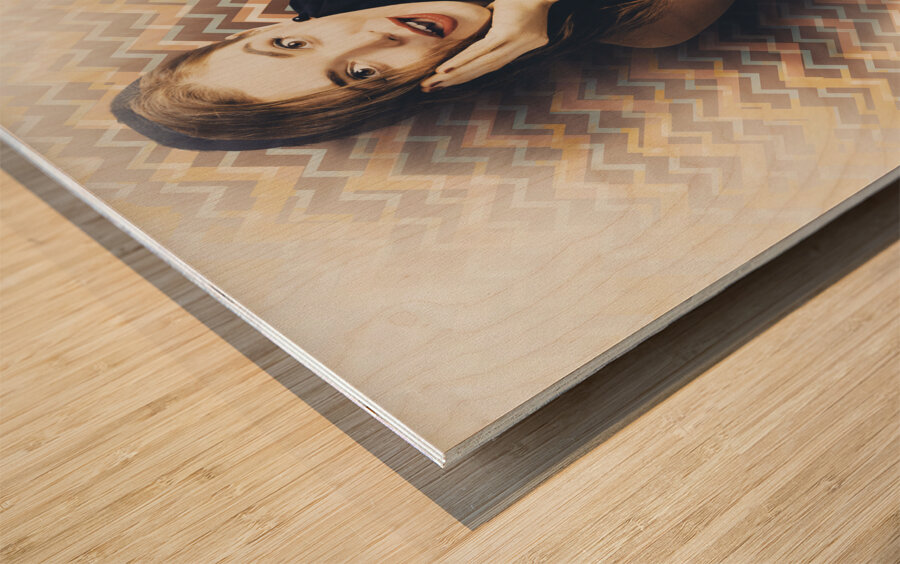 Surprised pin up girl gasping out shear joy Wood print