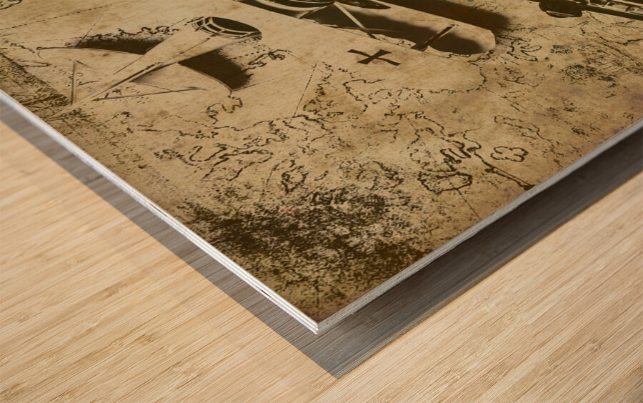 Goggles pouch and model biplane on map Wood print