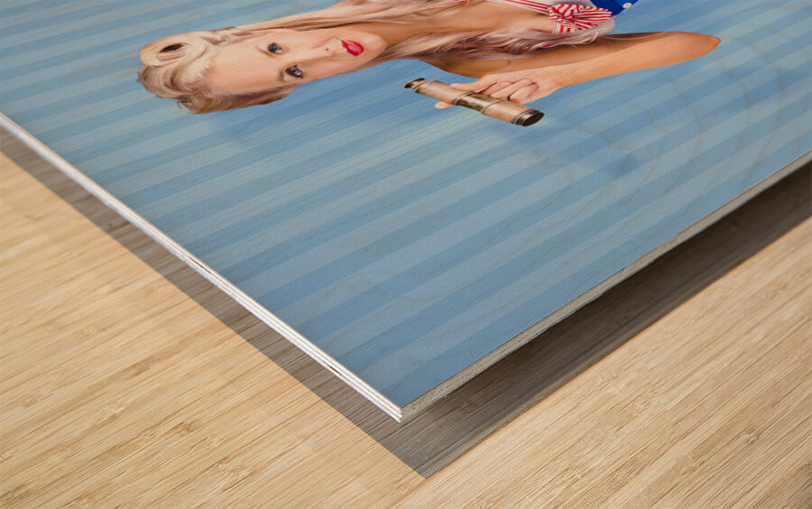 Retro style pin-up sailor girl on blue background Wood print