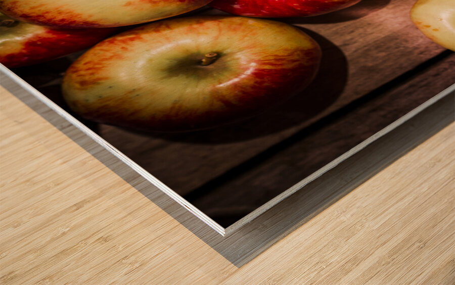 Fresh Apple Cider with Cinnamon Sticks and Apples Wood print