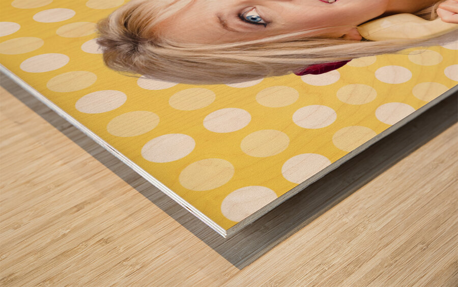 Retro phone beauty with glamour hair and makeup Wood print