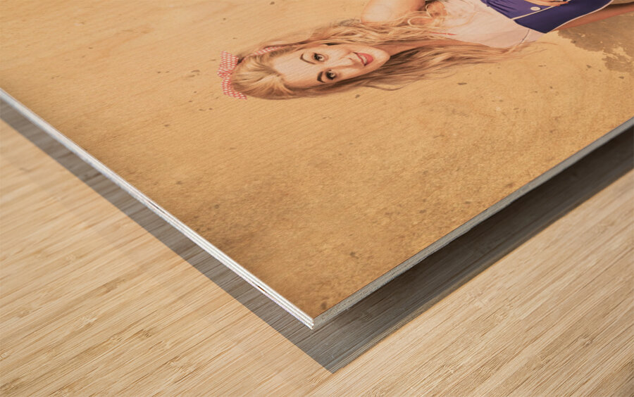 Happy navy pinup girl in retro fashion accessories Wood print