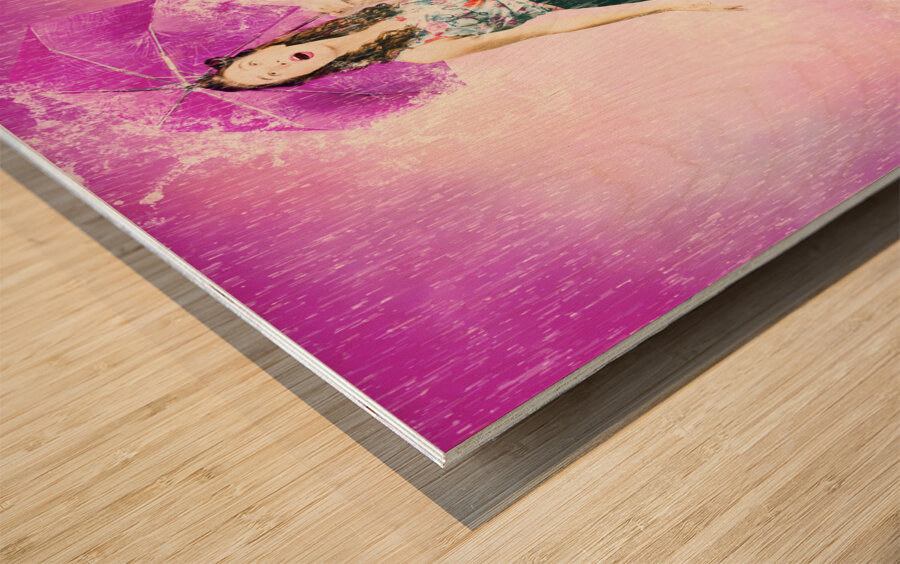 Pin-up girl in rain downfall. Hop skip and jump Wood print