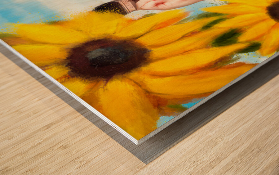 Female artist drawing sun flowers during summer Wood print