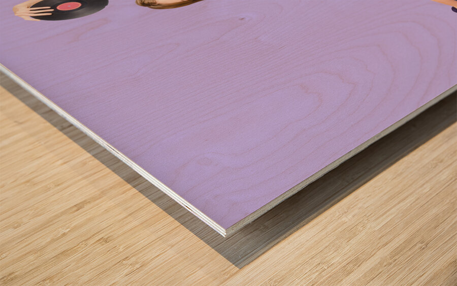 Pin-up woman balancing sound with record music Wood print