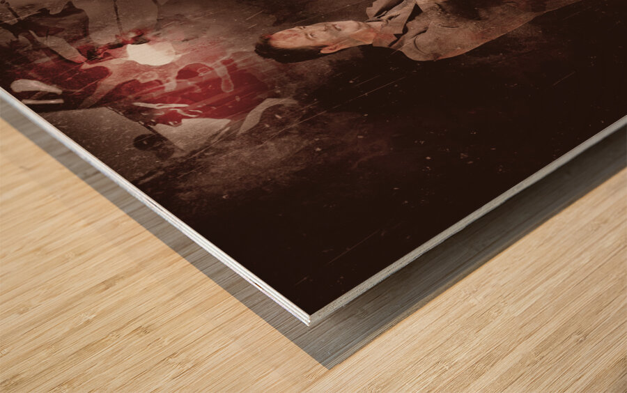 Scary horror man slinging bloody chainsaw in dark Wood print