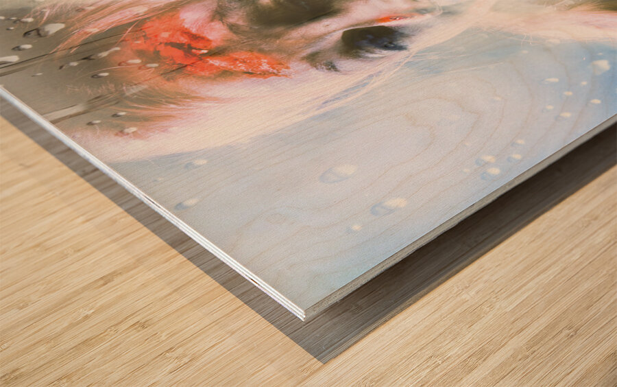 Scary horror zombie licking human hand at window Wood print