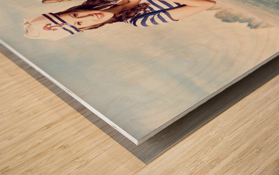 Ocean holiday pinup girl on cruise ship deck Wood print