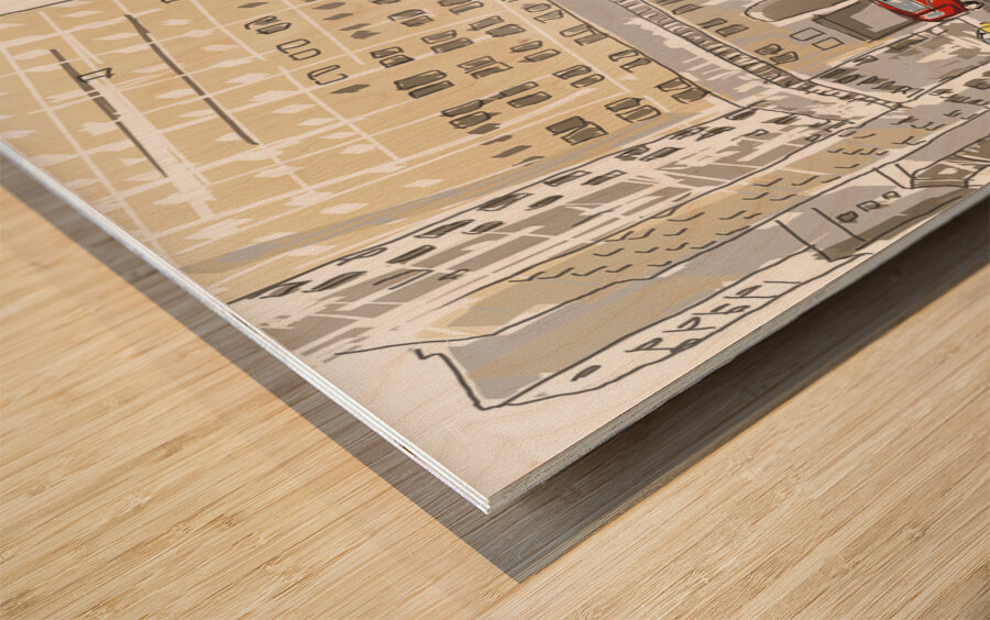 Hand drawn sketch of a busy New York City street Wood print