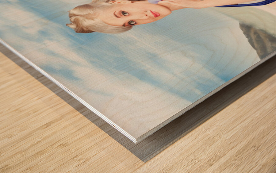 Young retro woman on a tropical beach vacation Wood print