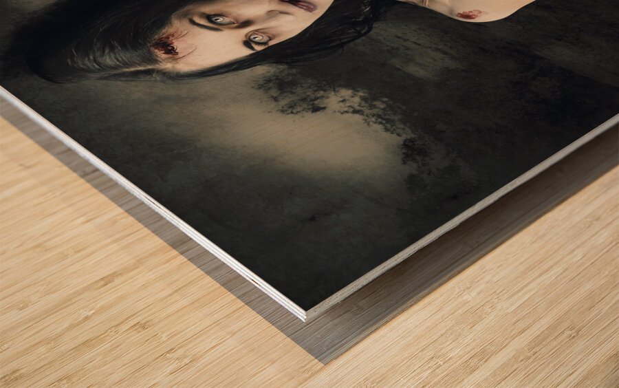 Dark horror scene of an evil zombie woman tied up Wood print