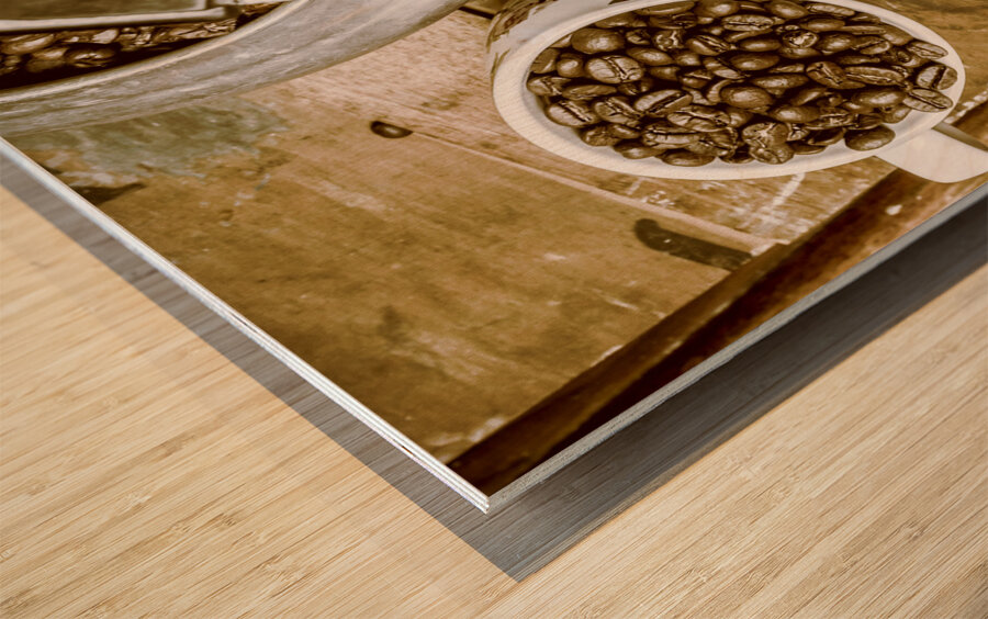 Roasted coffee beans in kettle and cup Wood print