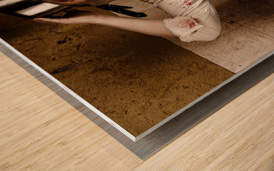 Funny zombie cook dancing in horror kitchen Wood print