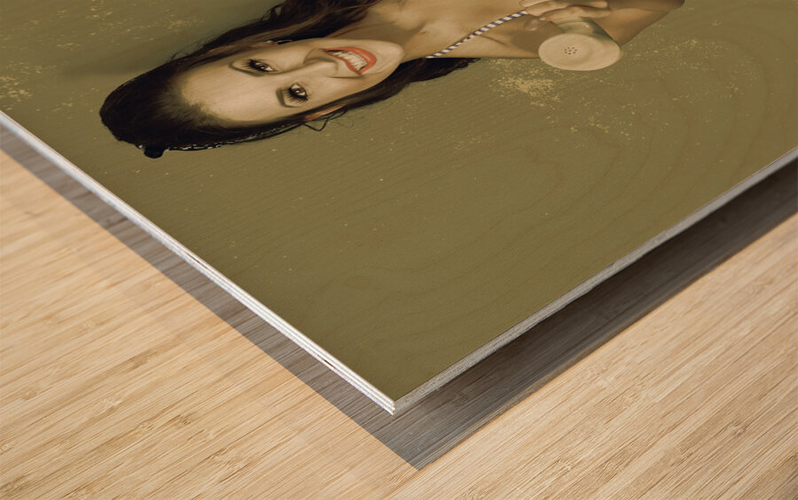 Funky pinup girl handing over a vintage telephone Wood print