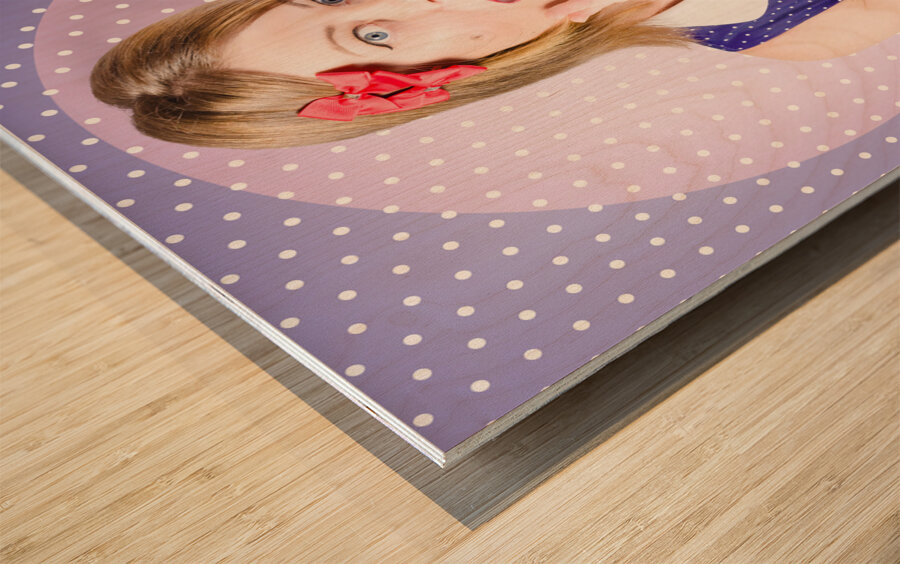Surprised pin-up woman in purple polka dot dress Wood print