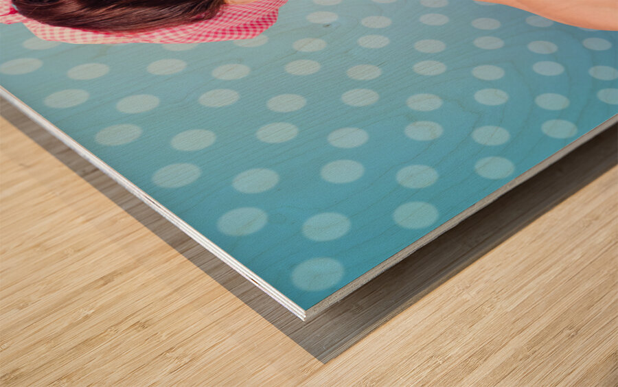 Happy 60s pinup housewife on blue ironing board Wood print