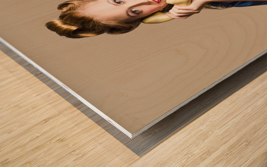Woman with retro telephone Wood print