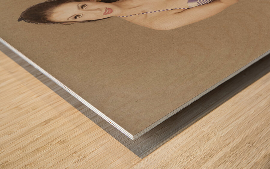 Vintage young pin up woman with phone. Contact us Wood print