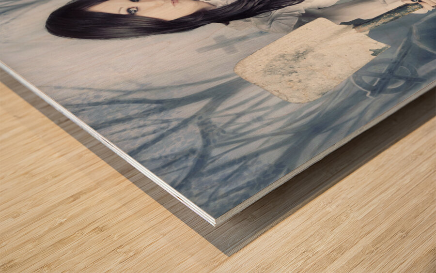 Spooky witch gravedigger with spade in graveyard Wood print