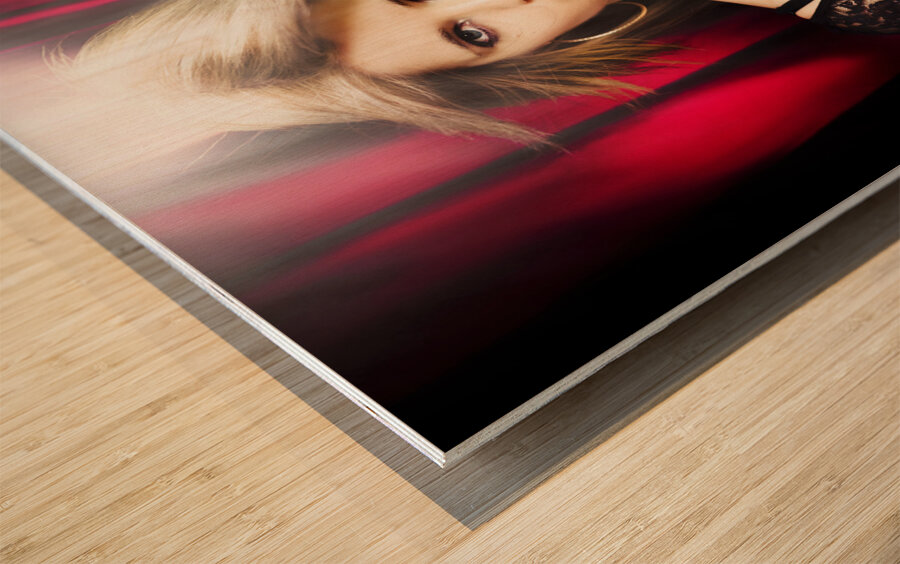 Red curtain theatre performance under spotlight Wood print